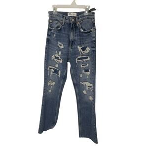 NWT Zara High Waisted Kick Crop Faux Distressed Jeans Casual Dark Wash Denim
